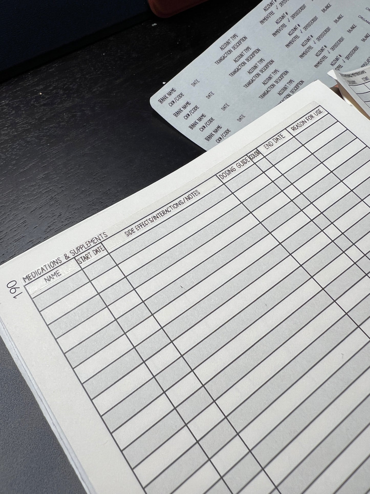 page 190 of the planner, with the medications and supplements sticker applied to the top of a spreadsheet page