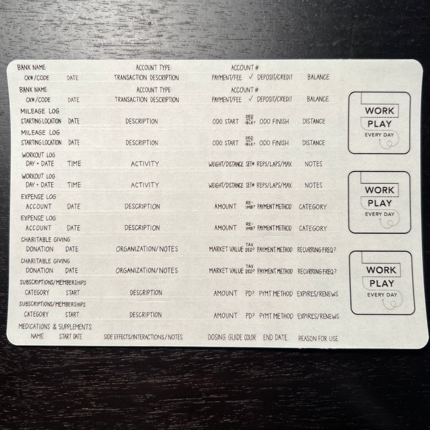 chart header label sticker sheet, with 3 work play every day logo stickers and 13 chart header stickers. The categories include: Banking, MIleage, Workout, Expense, Charitable Giving, Subscriptions/Memberships, and Medications/Supplements