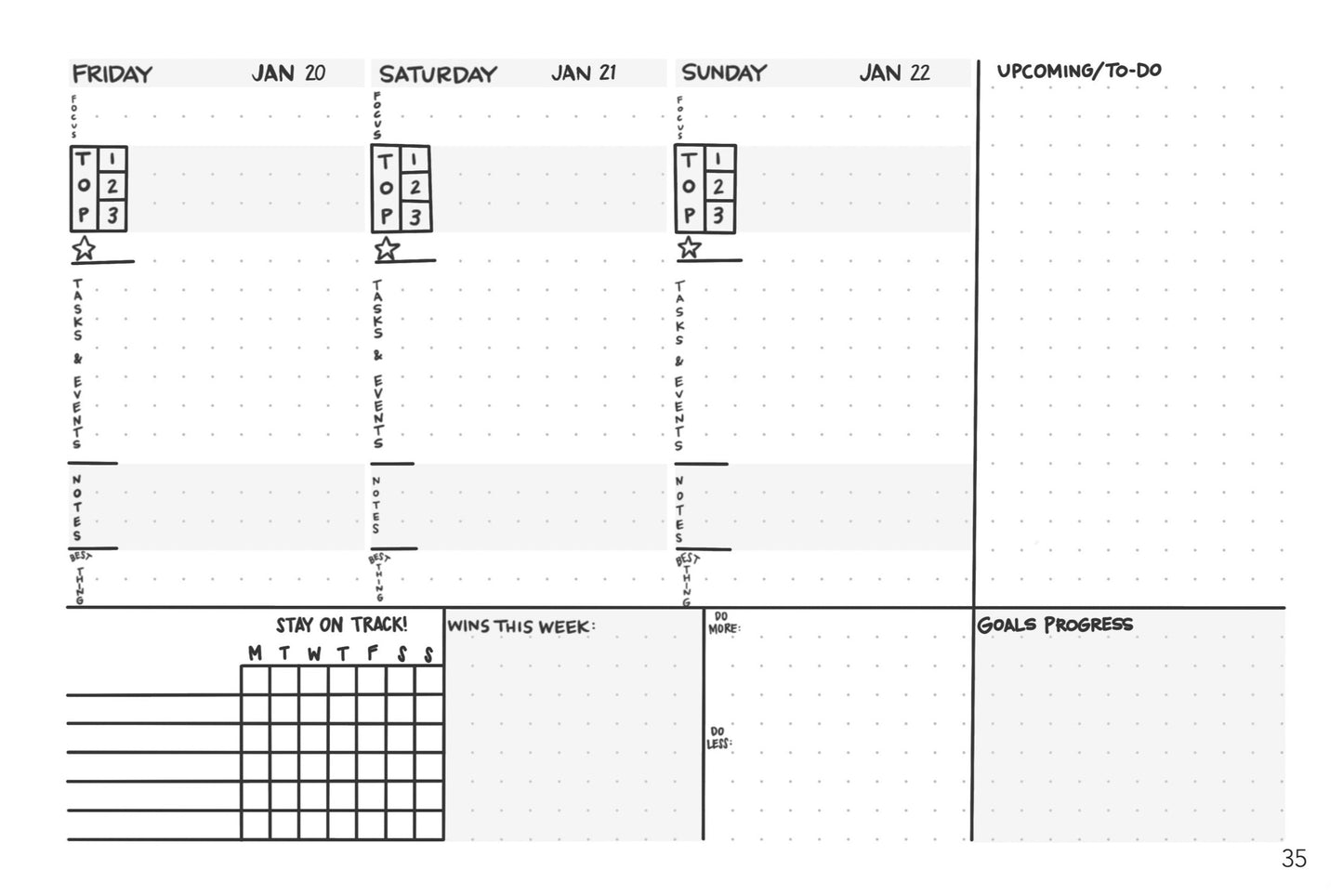 half of a hand-lettered weekly calendar / planner layout