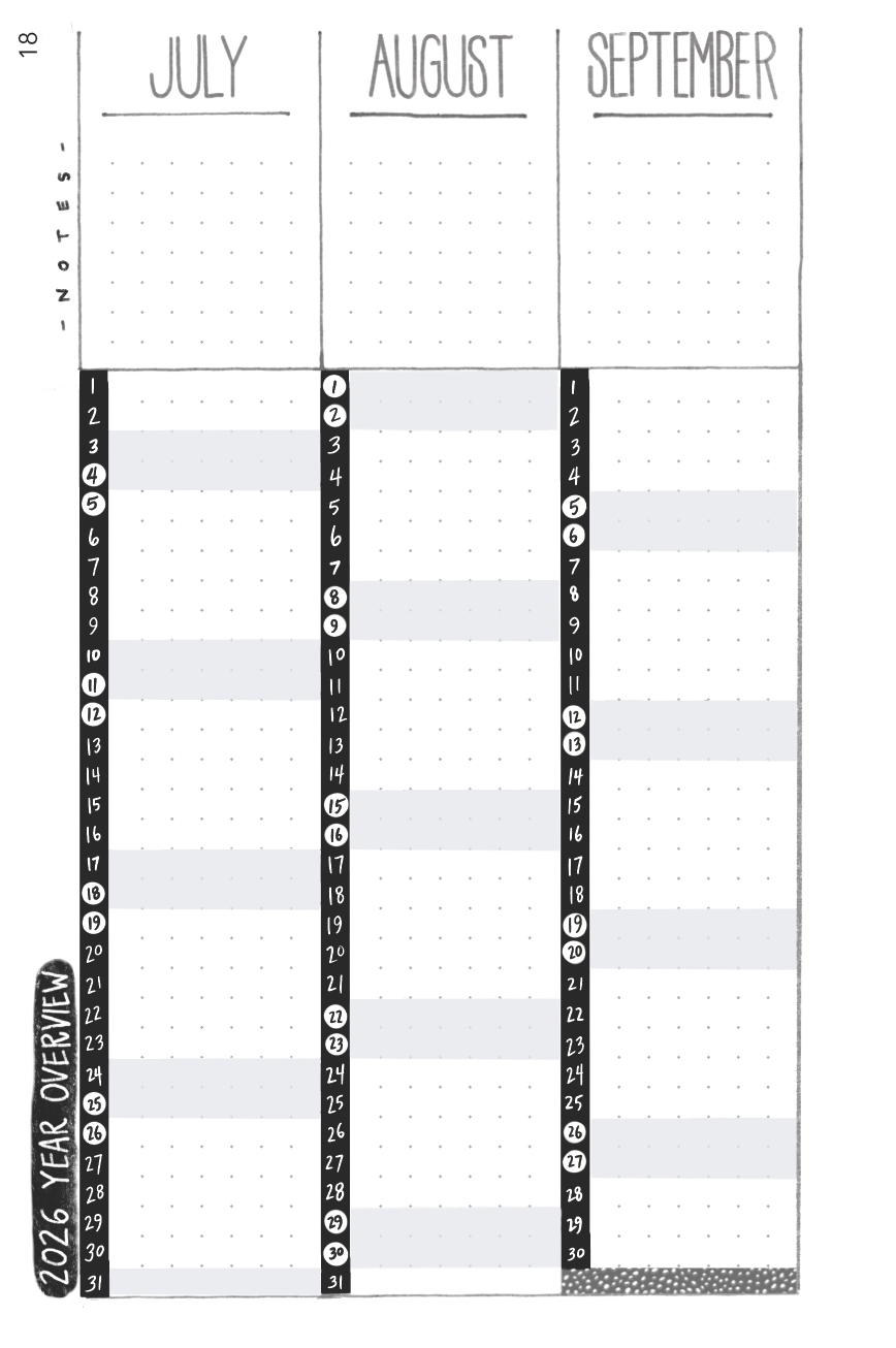 Calendar planner with sections for July, August, and September